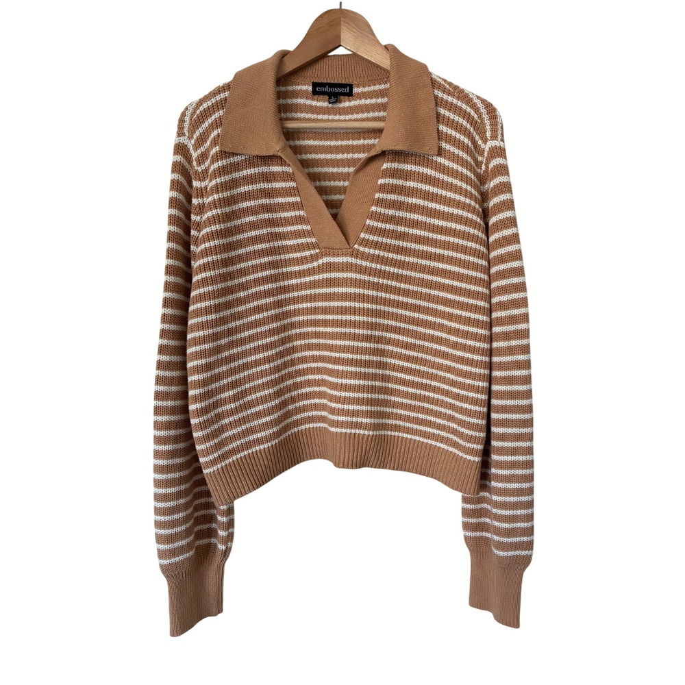 Embossed Tan White Striped Polo Sweater V-Neck Knit Preppy Minimalist Size L